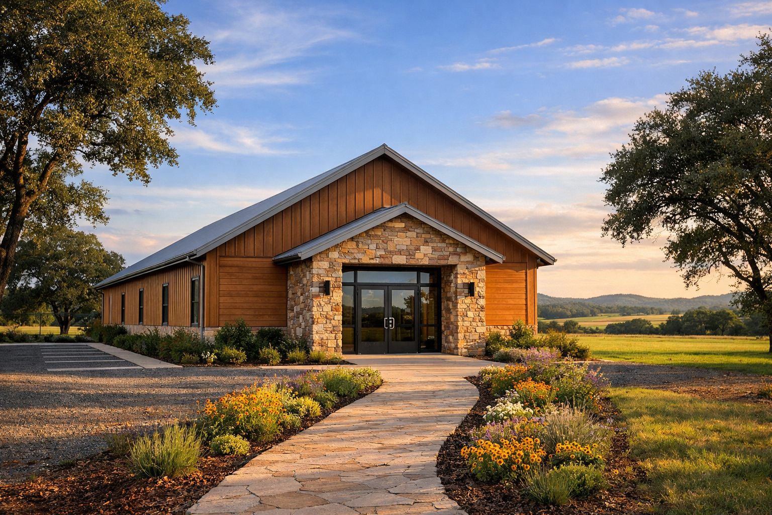 Rural church set among rolling hills and wildflowers
