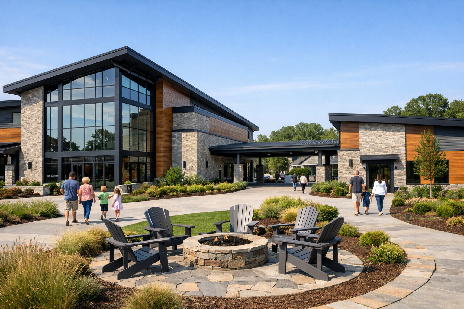 Suburban church campus with stone and wood design