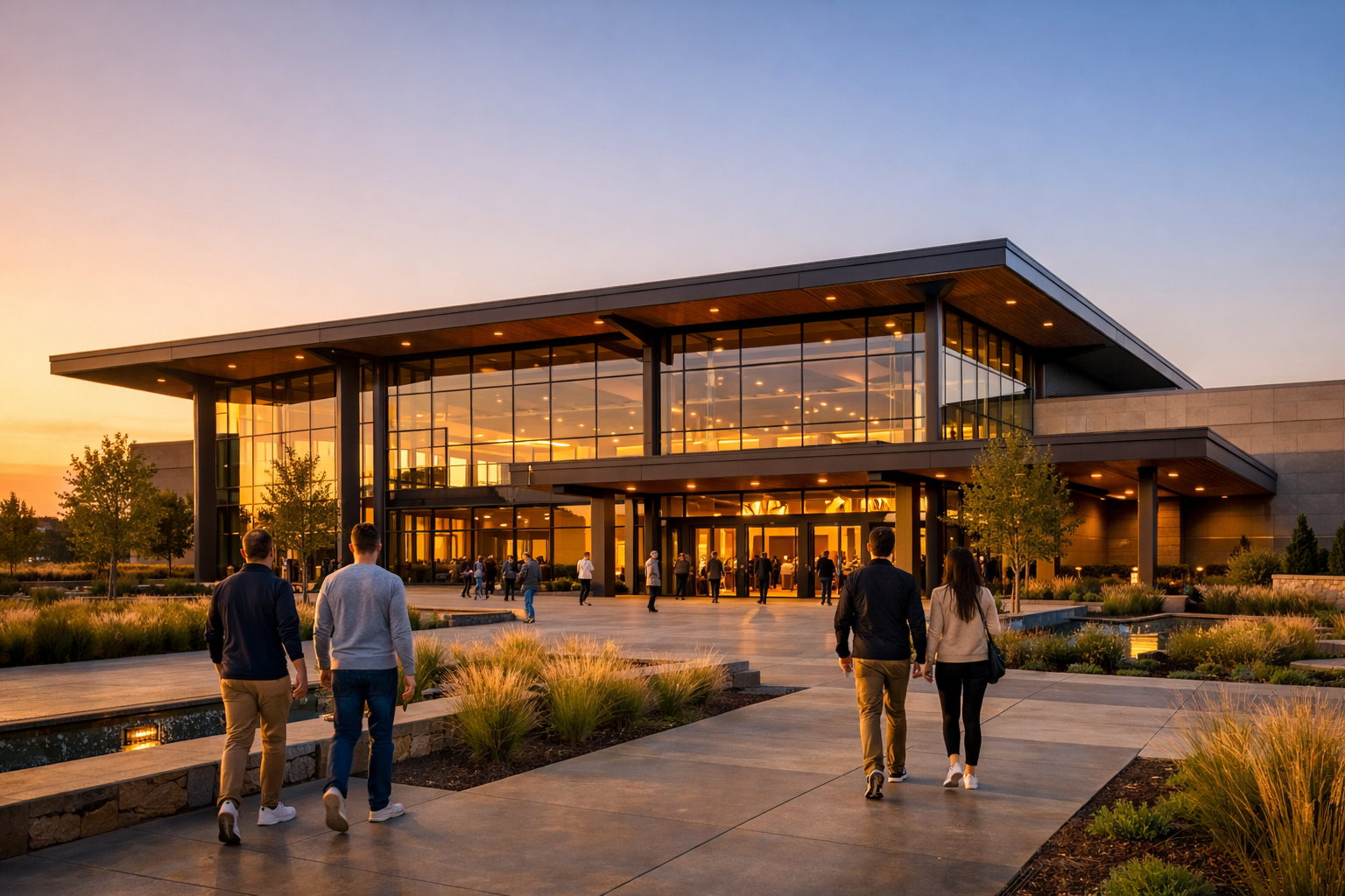 Modern church building at golden hour